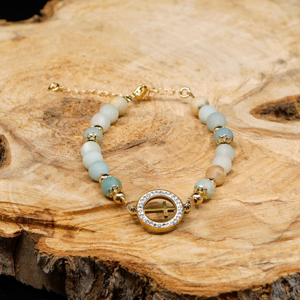 Amazonite Flower 24k Gold Plated Christian Woman Beads Bracelet