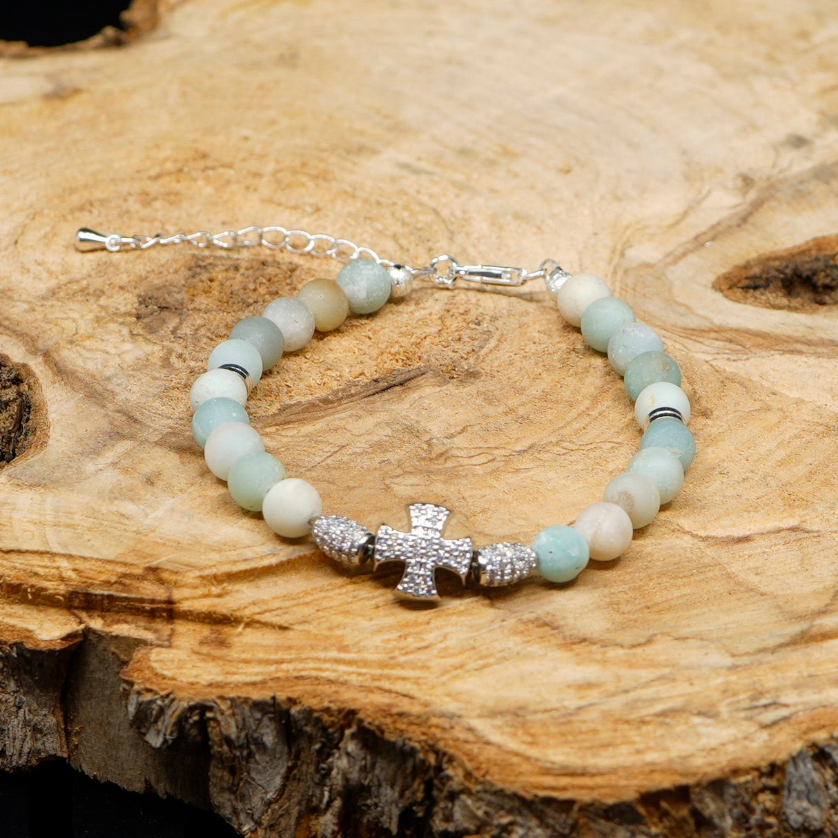 Amazonite Flower Platinum & Sterling Silver Christian Woman Beads Bracelet