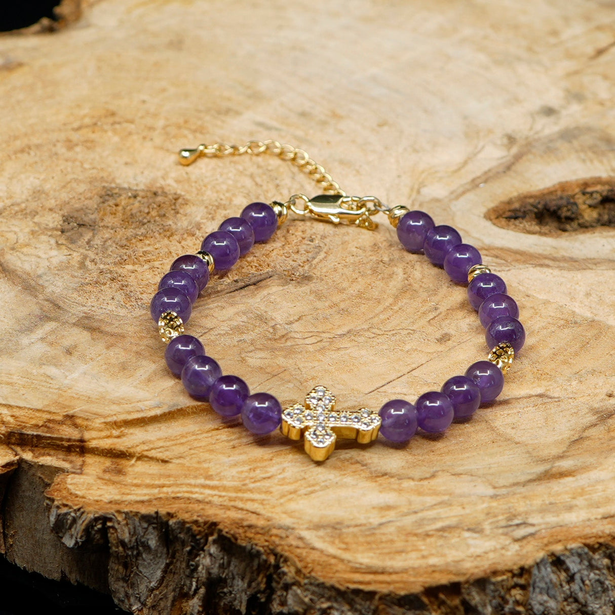 Amethyst 24k Gold Plated Christian Woman Beads Bracelet