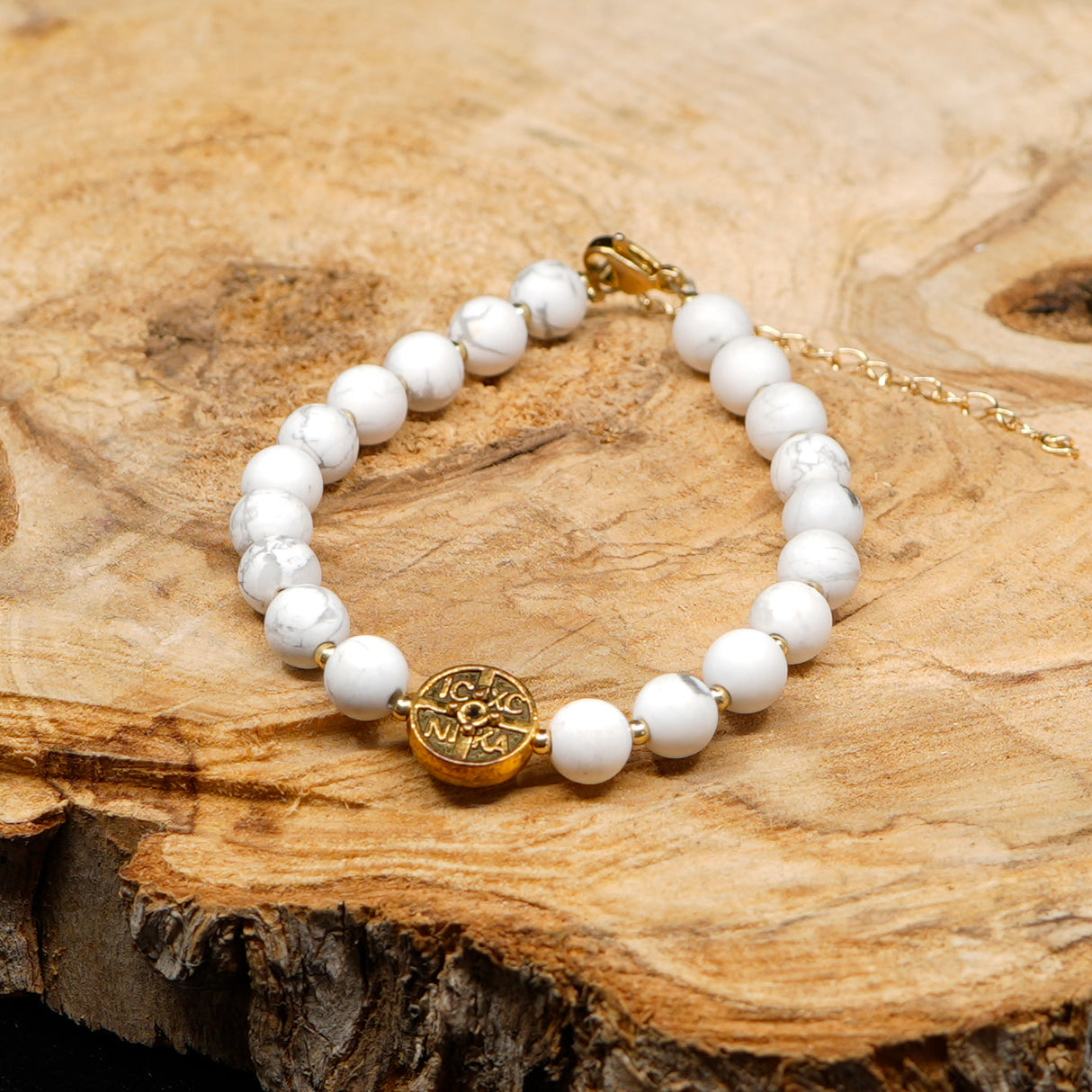 Howlite 24k Gold Plated Christian Woman Beads Bracelet