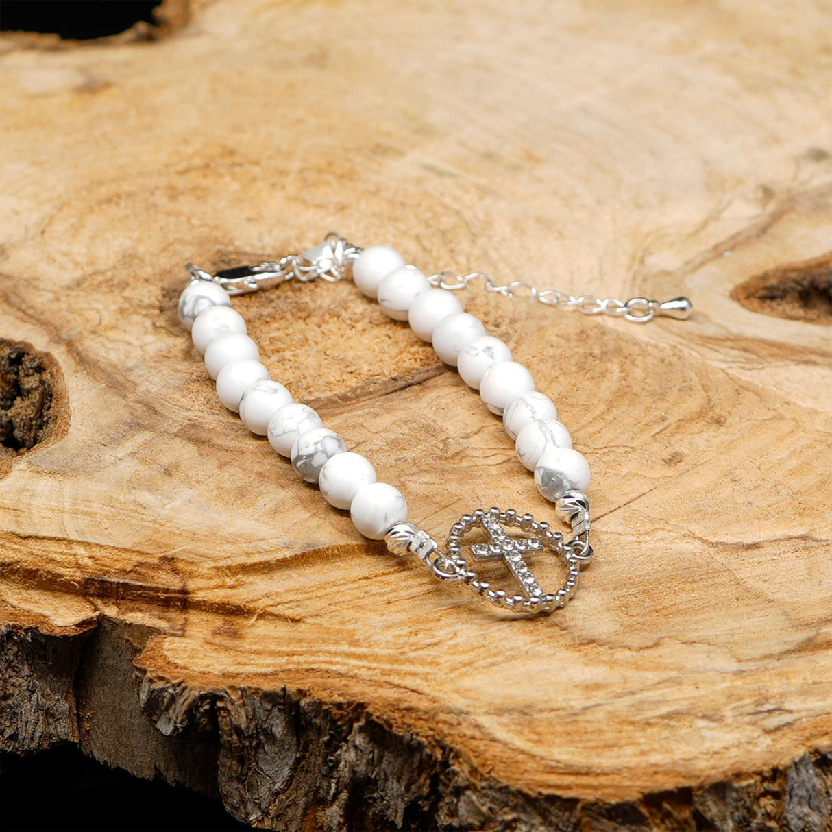 Howlite Platinum & Sterling Silver Christian Woman Beads Bracelet