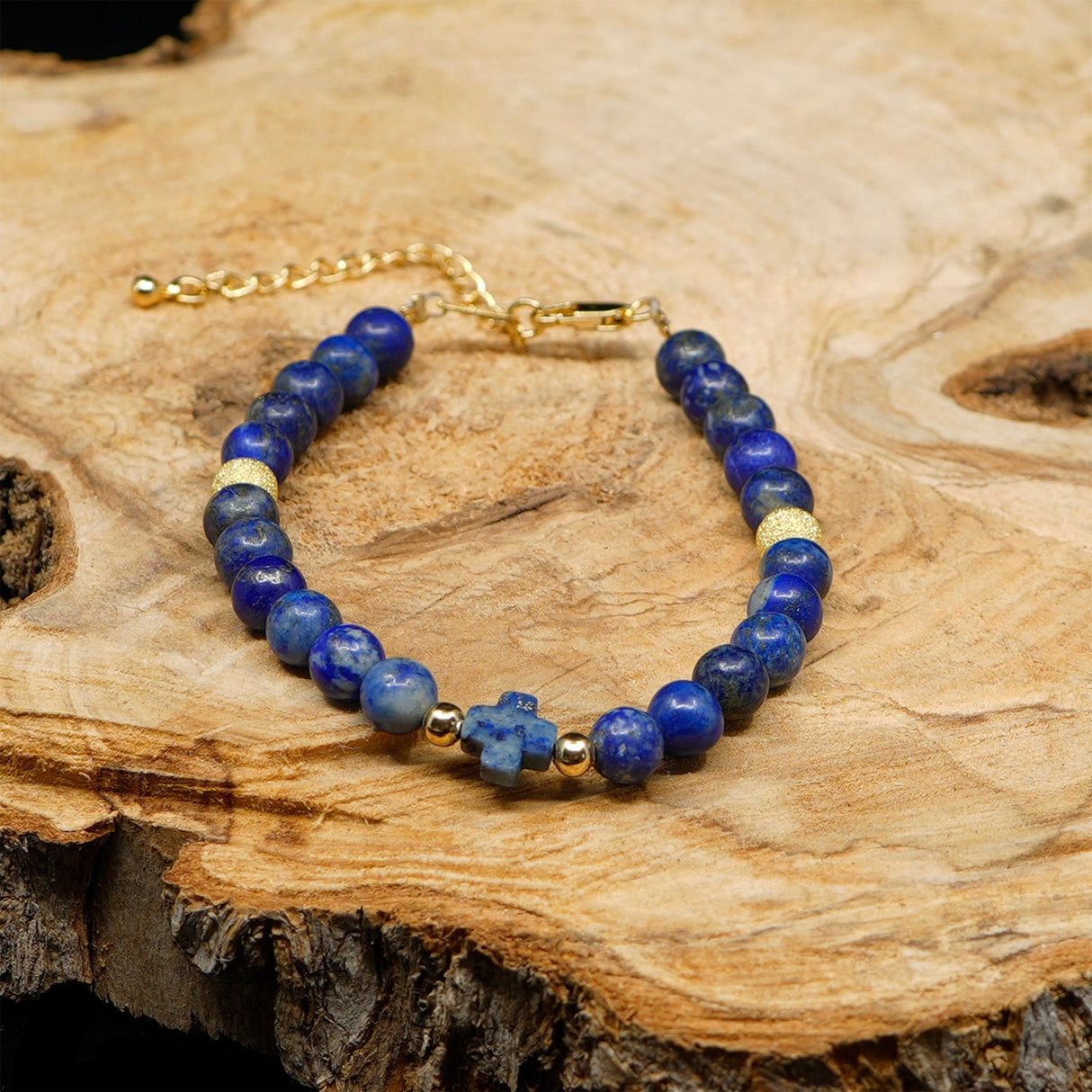 Lapis Lazuli 24k Gold Plated Christian Woman Beads Bracelet