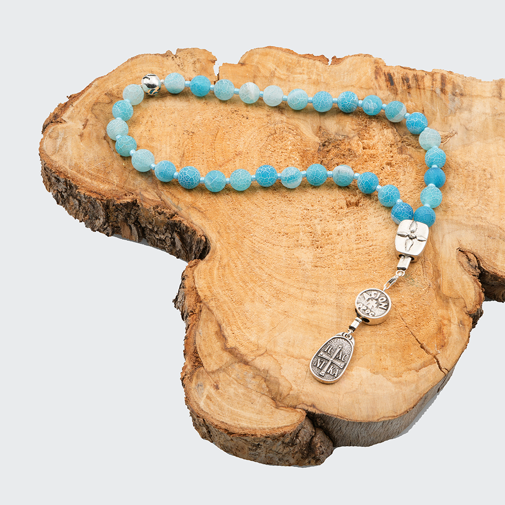 Agate [Cornflower Blue] 925 Sterling Silver Plated 33 beads Christian Decorative Rosary [Limited Edition]