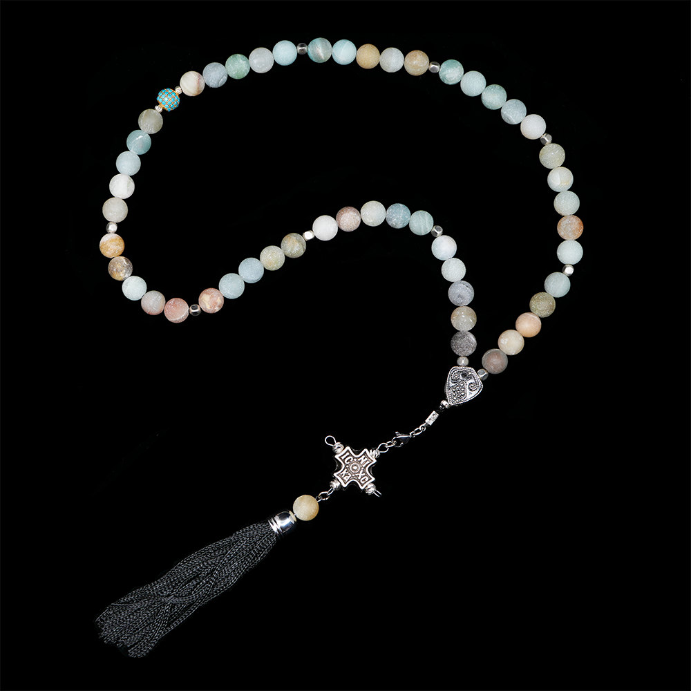 Amazonite Flower 925 Sterling Silver Plated 50 beads Christian Prayer Rope