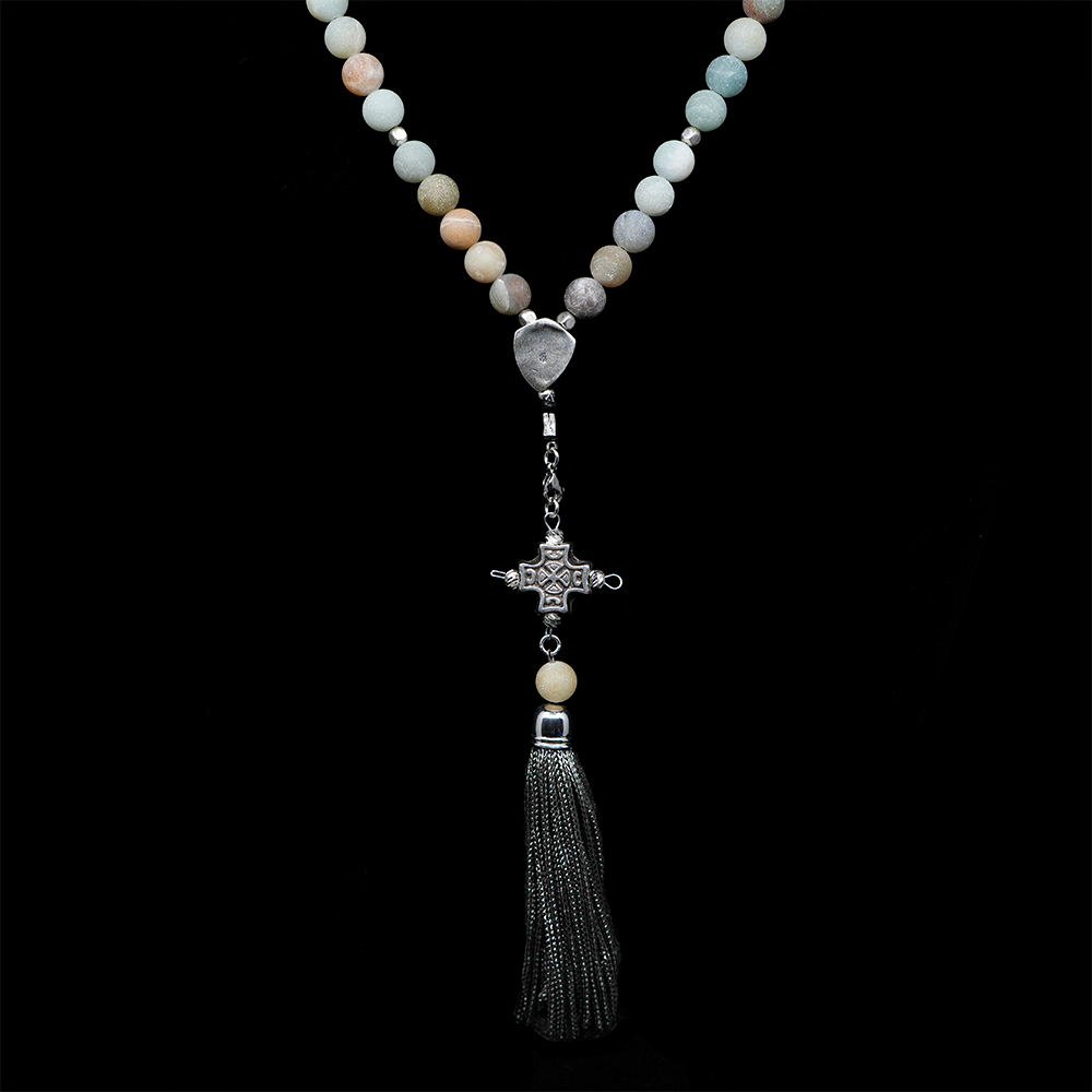 Amazonite Flower 925 Sterling Silver Plated 50 beads Christian Prayer Rope