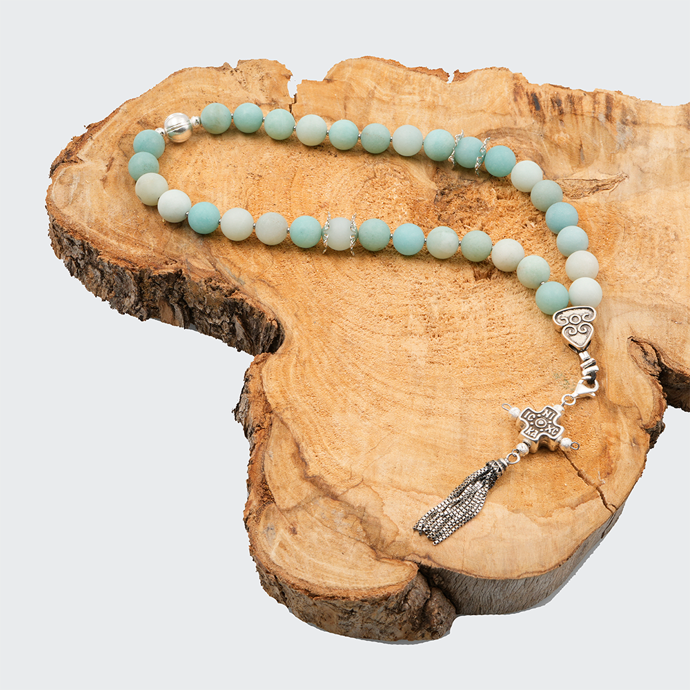 Amazonite Flower 925 Sterling Silver Plated 33 beads Christian Decorative Rosary [Limited Edition]