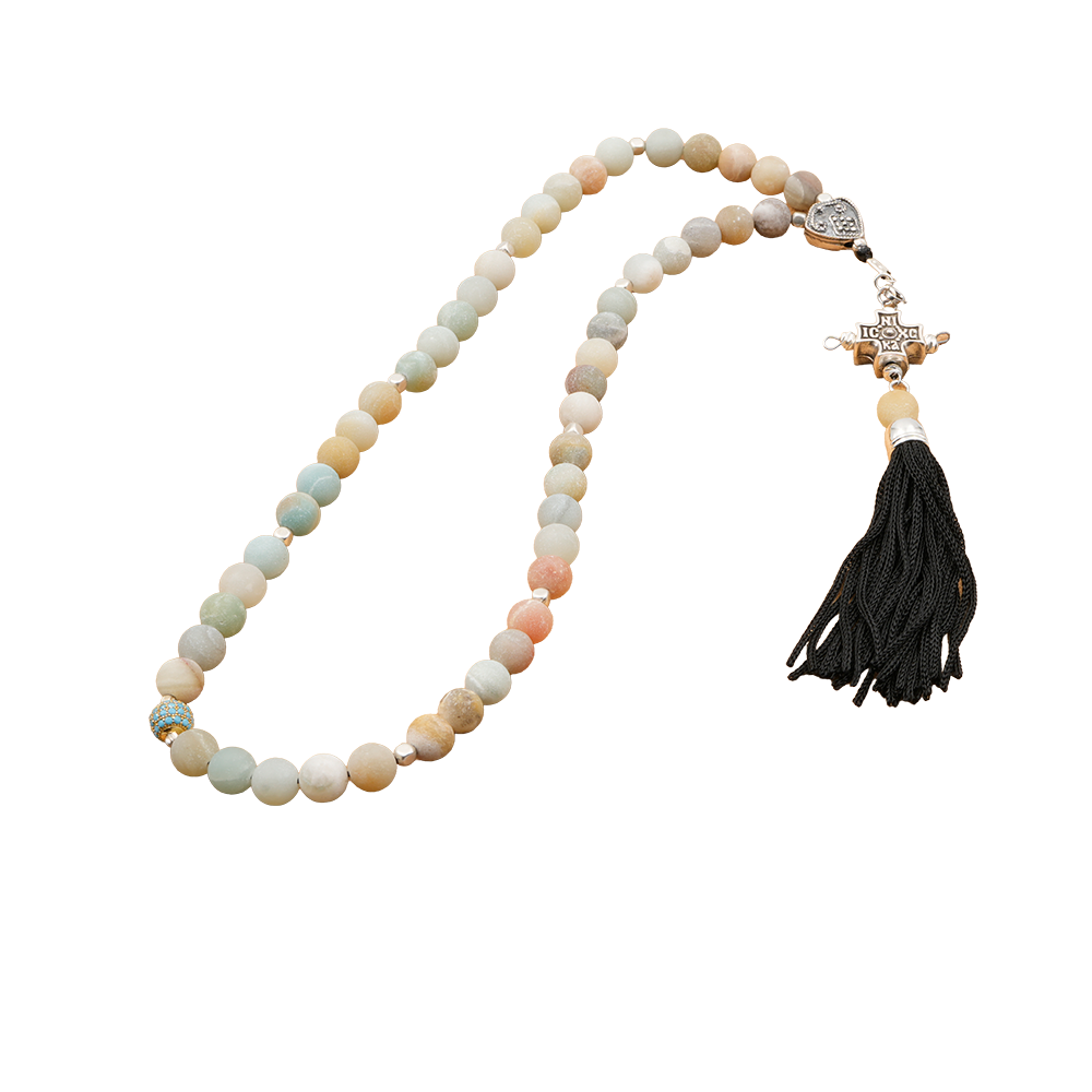 Amazonite Flower 925 Sterling Silver Plated 50 beads Christian Decorative Rosary [Limited Edition]