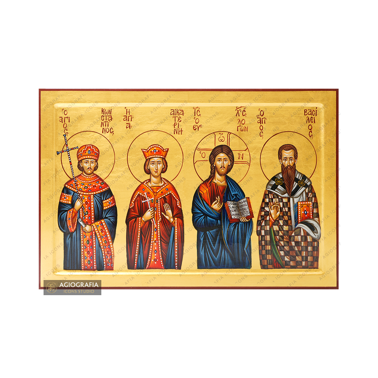 Jesus Christ with Saints Catherine, Basil and Constantine Icon [Handwritten]