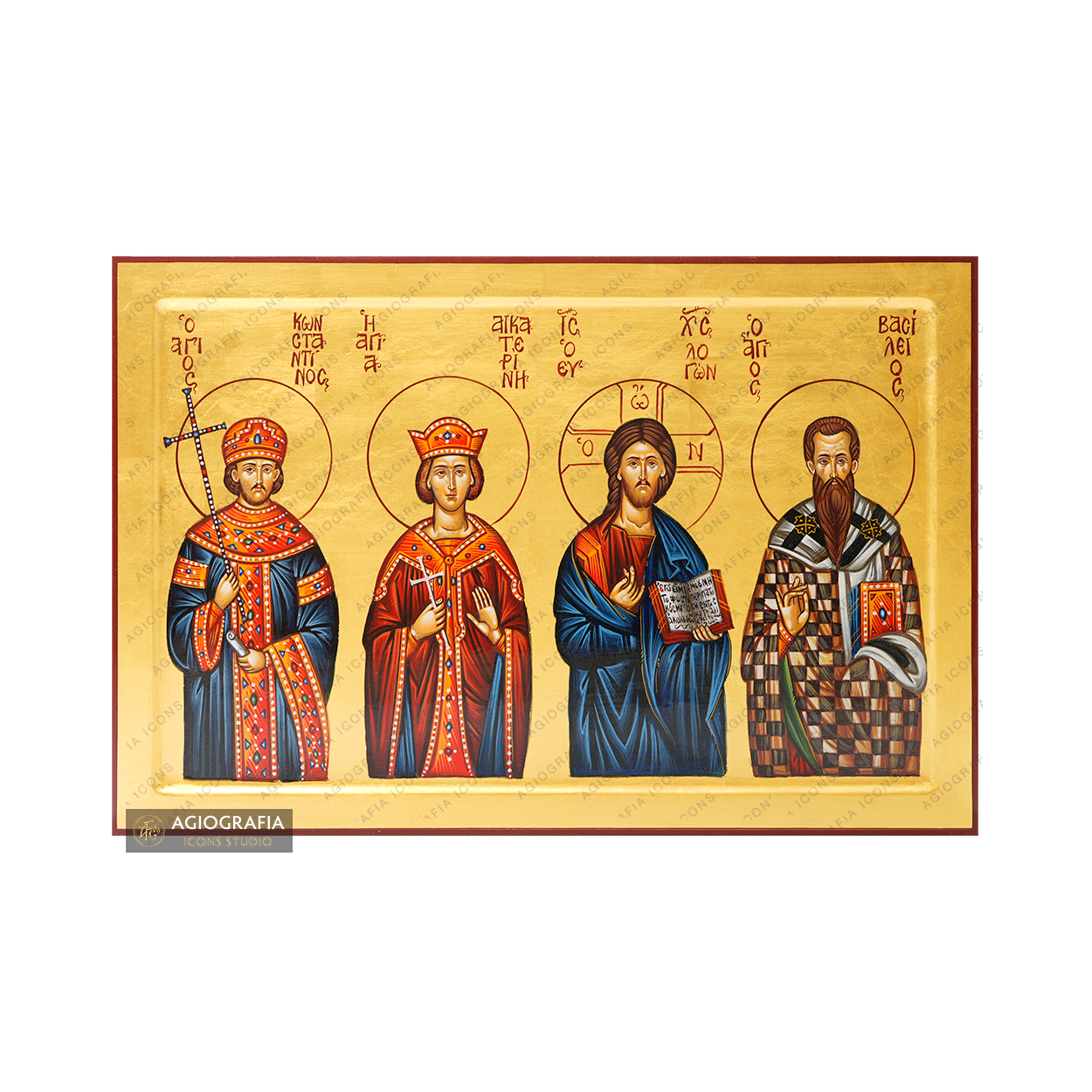 Jesus Christ with Saints Catherine, Basil and Constantine Icon [Handwritten]