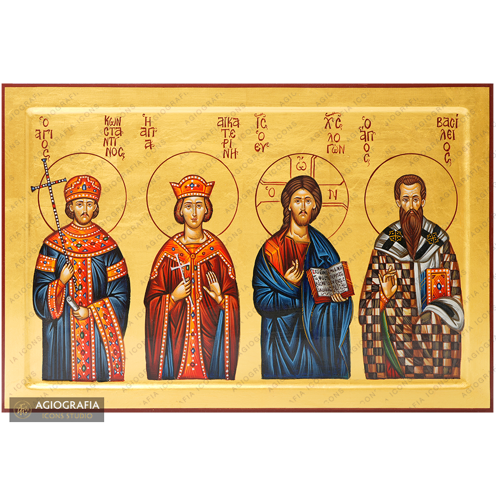 Jesus Christ with Saints Catherine, Basil and Constantine Icon [Handwritten]