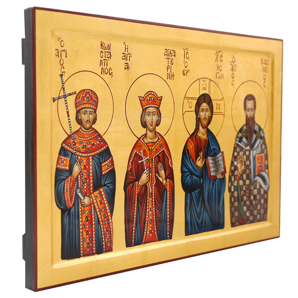 Jesus Christ with Saints Catherine, Basil and Constantine Icon [Handwritten]