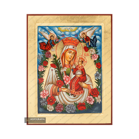 Virgin Mary Mystical Rose Handwritten Icon with Gold Leaves Background