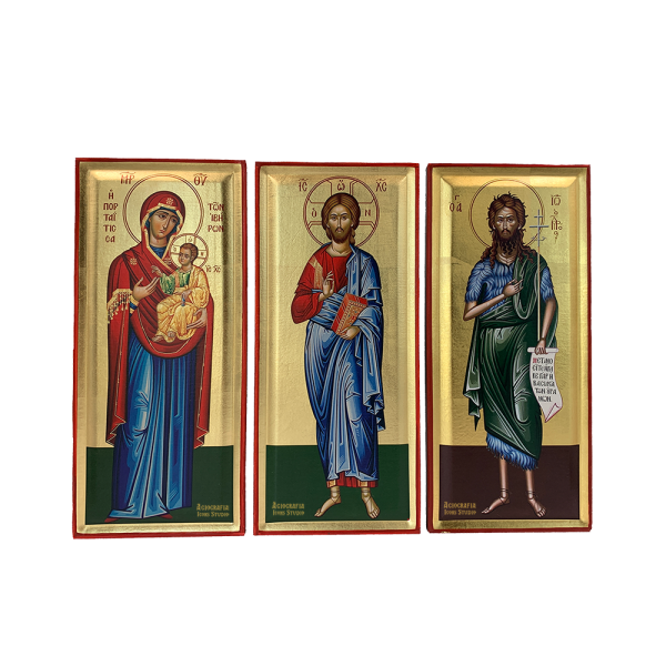 Set of Jesus Christ, Virgin Mary and Saint John Orthodox Greek Wood Icon with Gold Leaf
