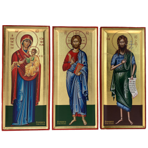 Set of Jesus Christ, Virgin Mary and Saint John Christian Byzantine Wood Icon with Gold Leaf
