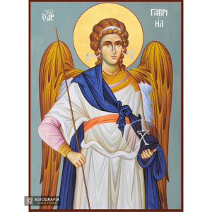 Archangel Gabriel Greek Orthodox Wood Icon with Blue Background