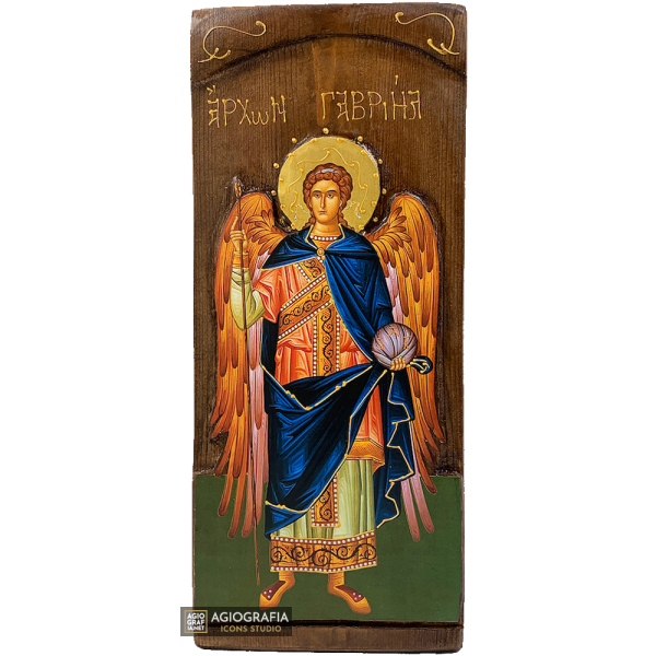 Archangel Gabriel Christian Orthodox Gold Print Icon on Carved Wood