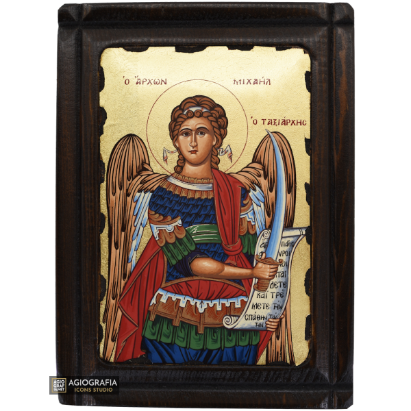 Archangel Michael Greek Orthodox Wood Icon with Gold Leaf