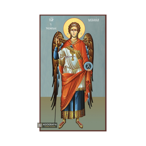 Archangel Michael Christian Byzantine Icon with Blue Background