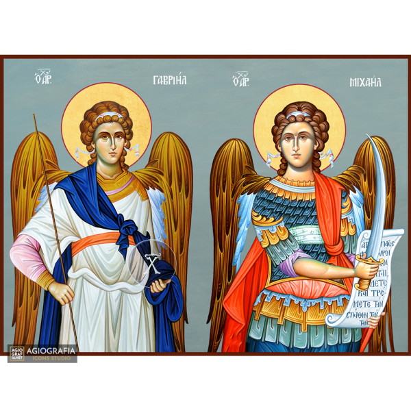 Archangels Michael & Gabriel Christian Icon with Blue Background