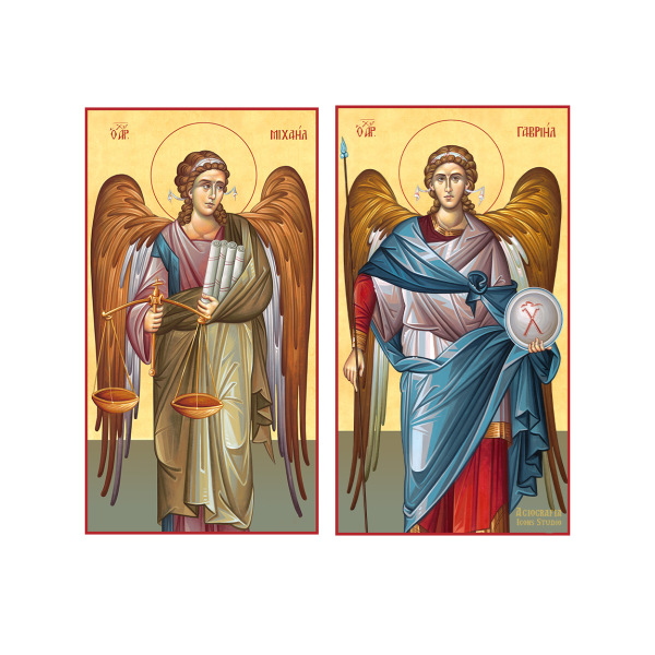 Set of 2 Cathedral Icons - Archangels Michael & Gabriel Christian Orthodox Wood Icon with 22 karats Gold Leaf