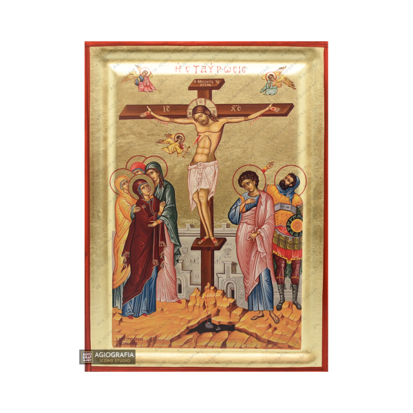 Crucifixion of The Lord Byzantine Orthodox Wood Icon with Gold Leaf