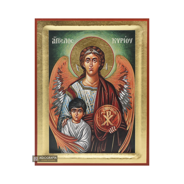 18k Guardian Angel Greek Orthodox Wood Icon with Gold Leaf
