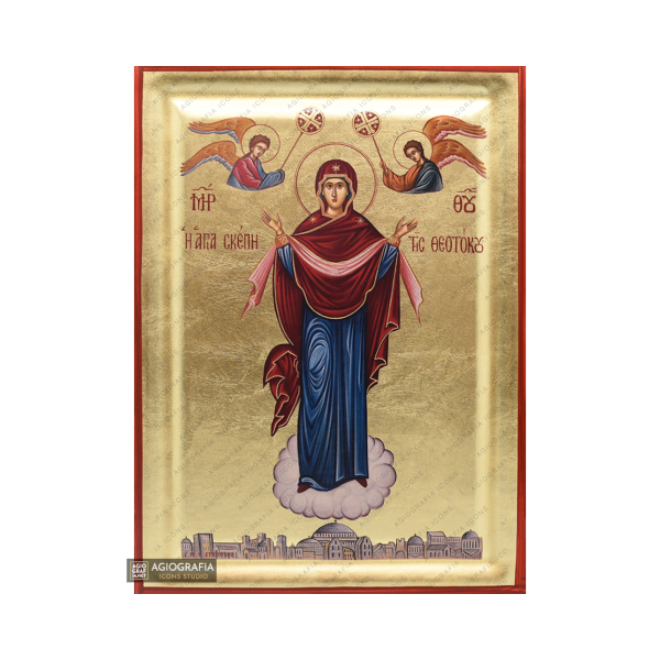 Holy Protection Of The Mother Of God Greek Wood Icon with Gold Leaf