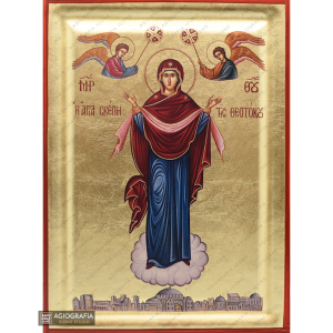 Holy Protection Of The Mother Of God Greek Wood Icon with Gold Leaf