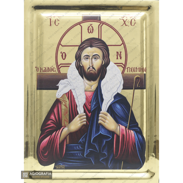 Jesus Christ Good Shepherd Christian Orthodox Icon with Gilding Effect