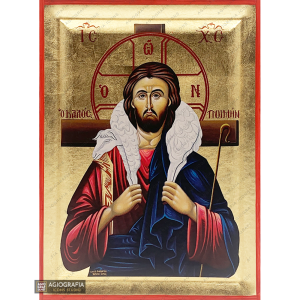 Jesus Christ The Good Shepherd Christian Icon on Wood with Gold Leaf