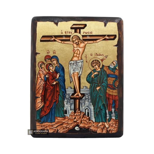 Crucifixion of the Lord Christian Orthodox Icon on Wood with Gold Leaf