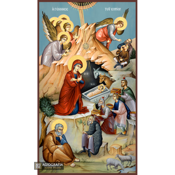 Nativity of the Lord Greek Orthodox Icon with Blue Background