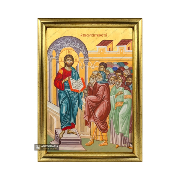 22k Mid-Pentecost Framed Greek Orthodox Icon with Gold Leaf
