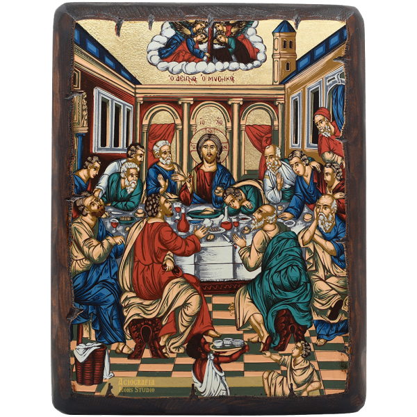 Mystical Supper Orthodox Icon on Carved Wood with Gold Leaf