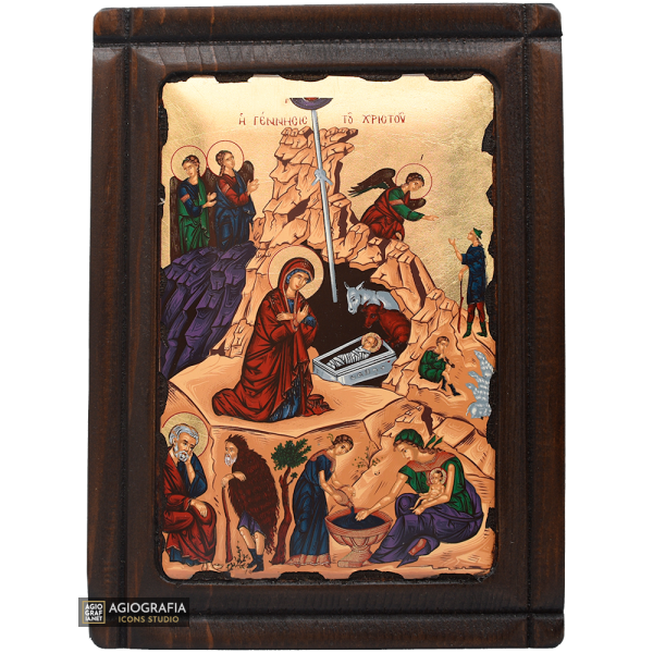 Nativity of the Lord Eastern Christian Icon on Wood with Gold Leaf