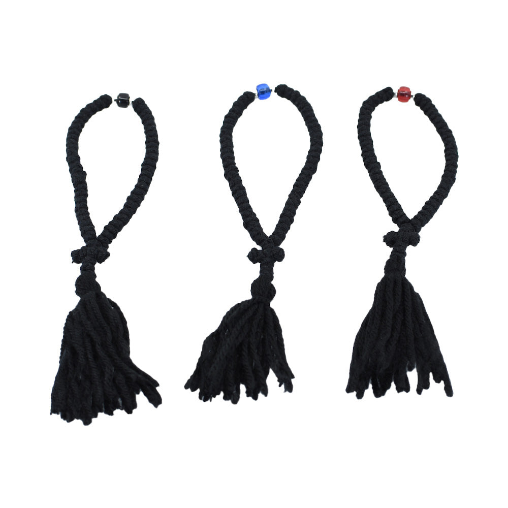 100 Knots Prayer Rope Komboskini - Black Silk Thin Rope with Blue
