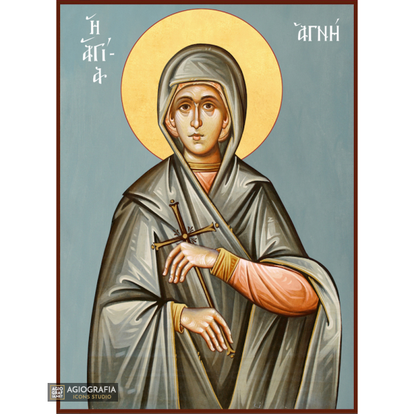 St Agni Christian Greek Orthodox Icon with Blue Background