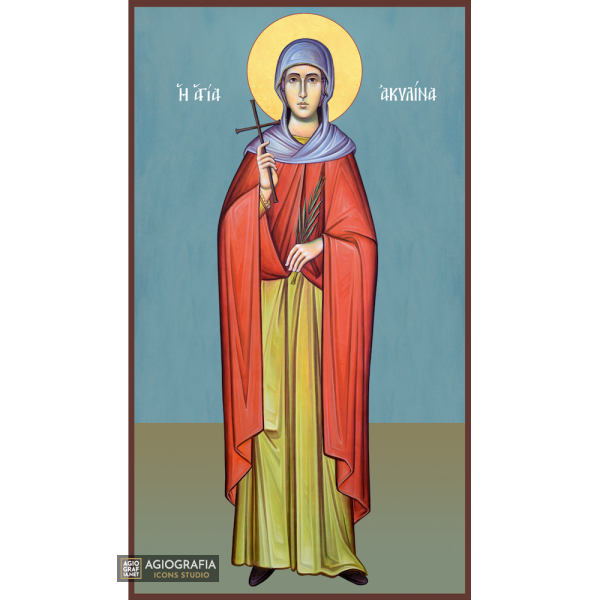 St Akilina Greek Orthodox Wood Icon with Blue Background