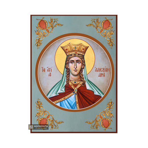 St Alexandra Greek Orthodox Wood Icon with Blue Background