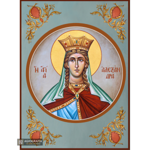 St Alexandra Greek Orthodox Wood Icon with Blue Background