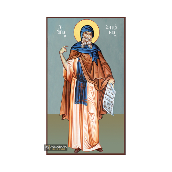 St Anthony Orthodox Icon on Wood with Blue Background