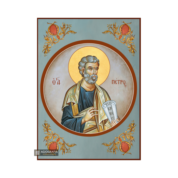 St Apostle Peter Greek Orthodox Icon with Blue Background