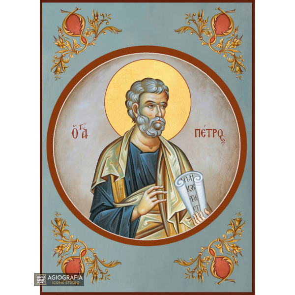 St Apostle Peter Greek Orthodox Icon with Blue Background
