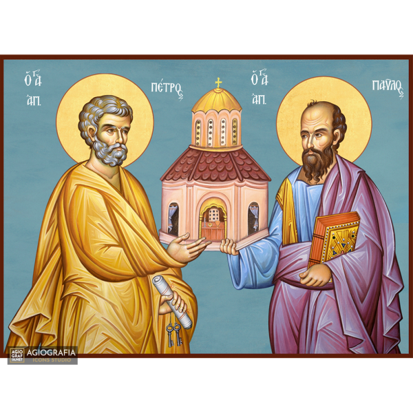 Saints Apostles Peter and Paul Christian Icon with Blue Background