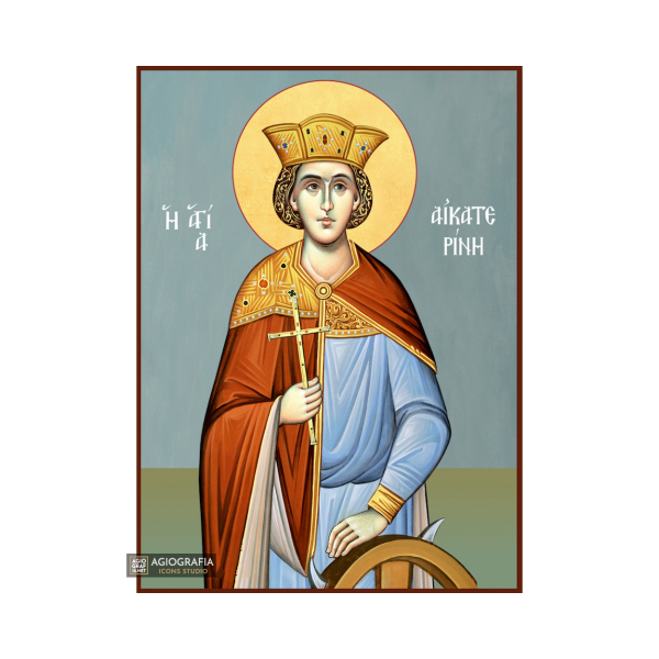 St Catherine Christian Byzantine Icon with Blue Background