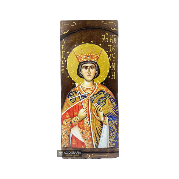 St Catherine Byzantine Greek Gold Print Icon on Carved Wood