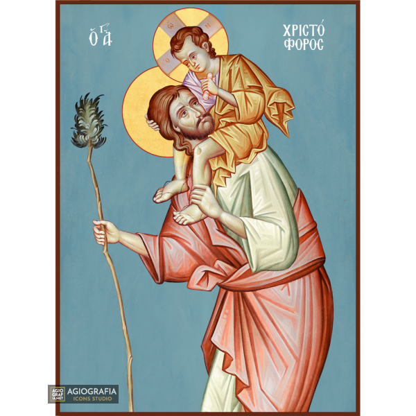 St Christopher Greek Christian Icon with Blue Background