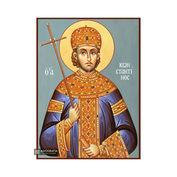 St Constantine Greek Christian Icon with Blue Background