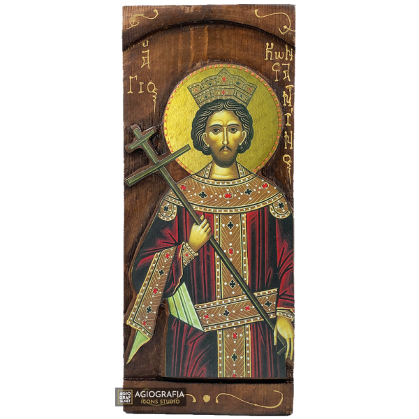 St Constantine Christian Orthodox Gold Print Icon on Carved Wood