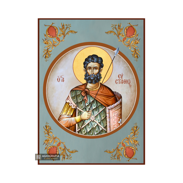 St Efstathios Greek Orthodox Icon with Blue Background